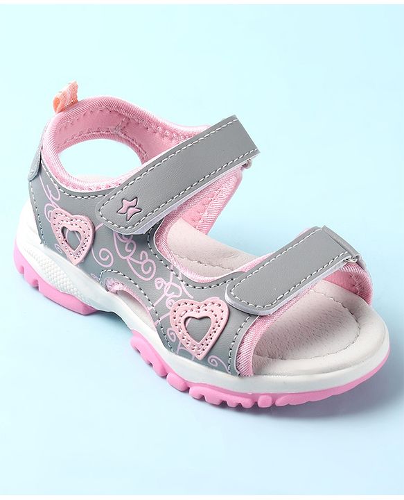 Cute Walk by Babyhug Sandal with Velcro Closure Heart Applque - Grey & Pink