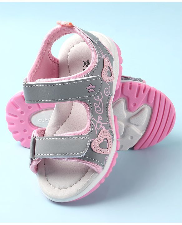 Cute Walk by Babyhug Sandal with Velcro Closure Heart Applque - Grey & Pink