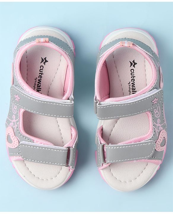 Cute Walk by Babyhug Sandal with Velcro Closure Heart Applque - Grey & Pink