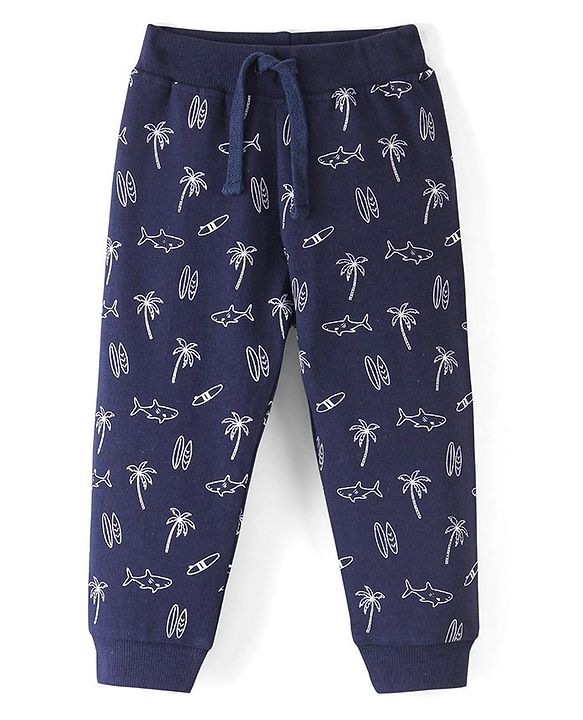 Babyhug Cotton Looper Knit Full Length Lounge  Pant Palm Tree Print - Navy Blue