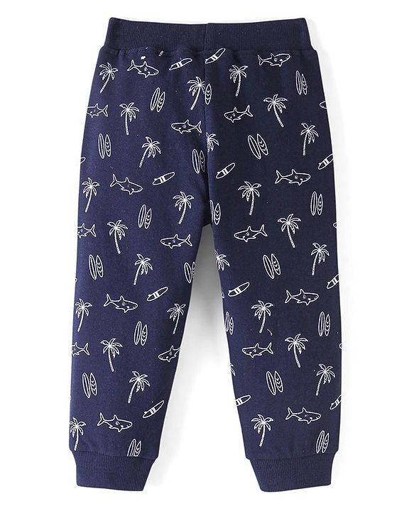 Babyhug Cotton Looper Knit Full Length Lounge  Pant Palm Tree Print - Navy Blue