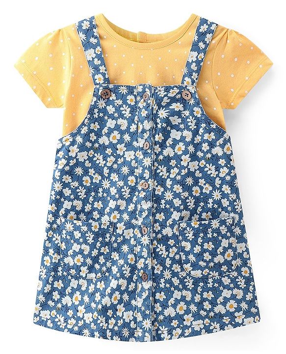 Babyhug Woven  Denim Frock with Half Sleeves  T-Shirt Floral Print - Blue & Yellow
