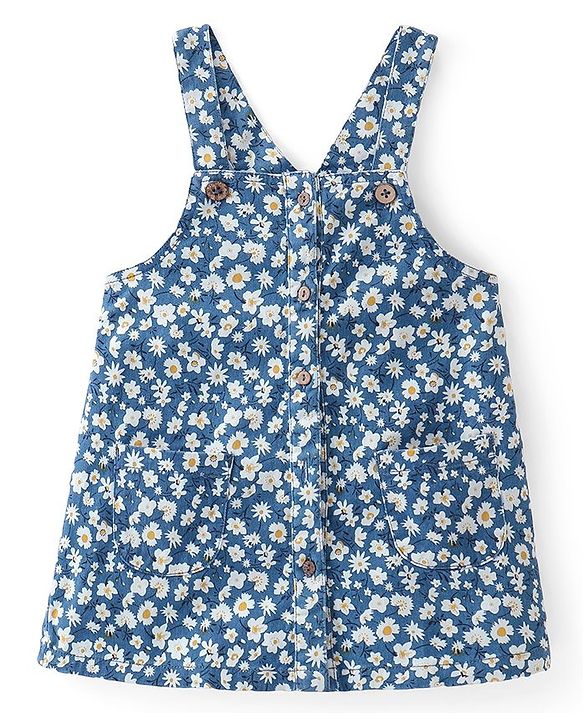 Babyhug Woven  Denim Frock with Half Sleeves  T-Shirt Floral Print - Blue & Yellow