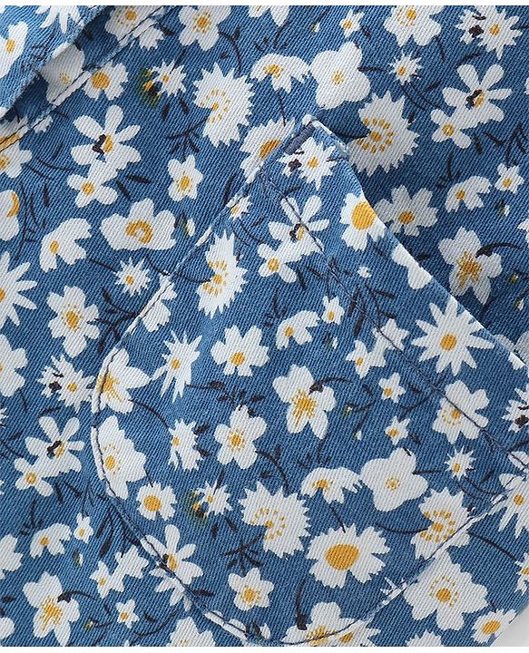 Babyhug Woven  Denim Frock with Half Sleeves  T-Shirt Floral Print - Blue & Yellow