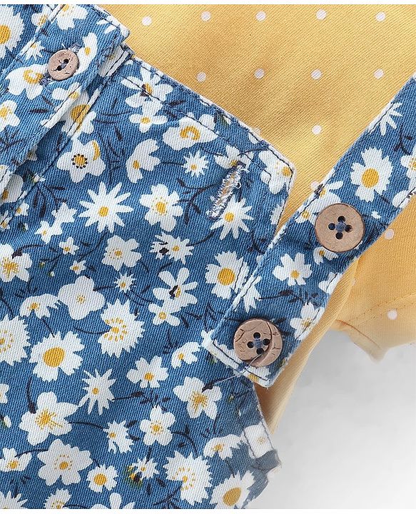 Babyhug Woven  Denim Frock with Half Sleeves  T-Shirt Floral Print - Blue & Yellow