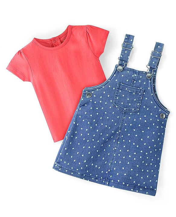 Babyhug Denim Frock With Knit Half Sleeves Inner Tee - Blue