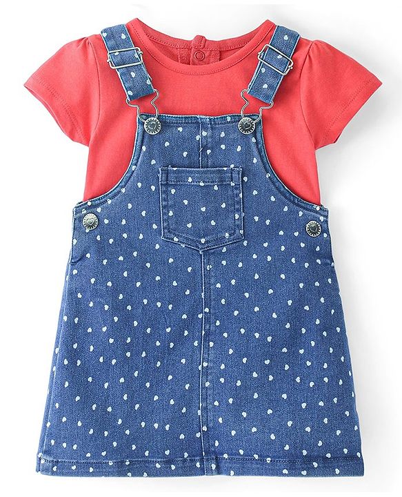 Babyhug Denim Frock With Knit Half Sleeves Inner Tee - Blue