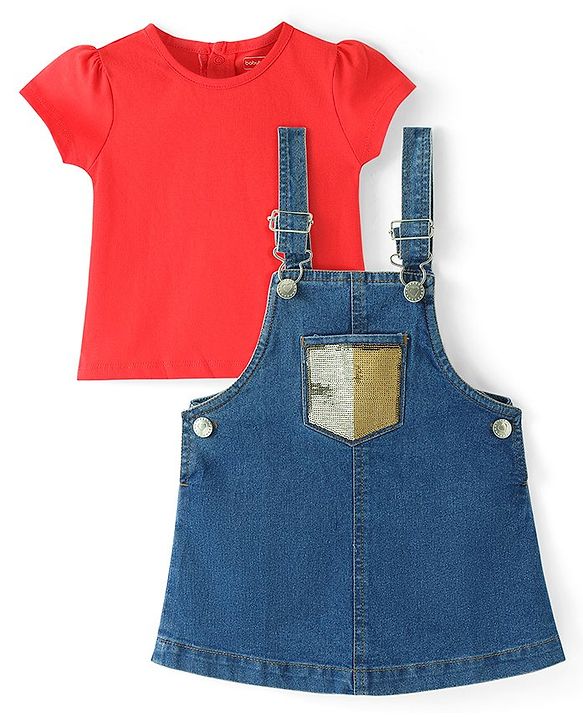 Babyhug Denim Woven Frock With Half Sleeves Knitted Inner Tee Sequince Detailing - Blue