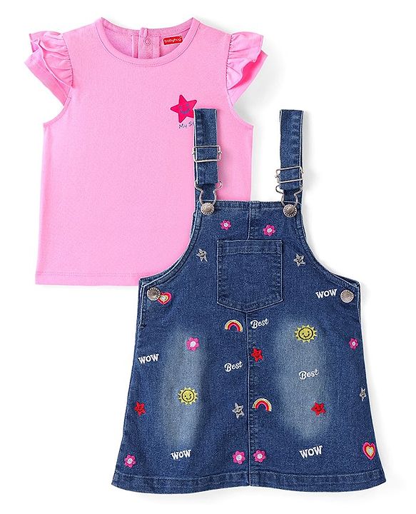 Babyhug Denim Frock With Frill Sleeves Inner Tee Floral & Star Embroidery - Blue
