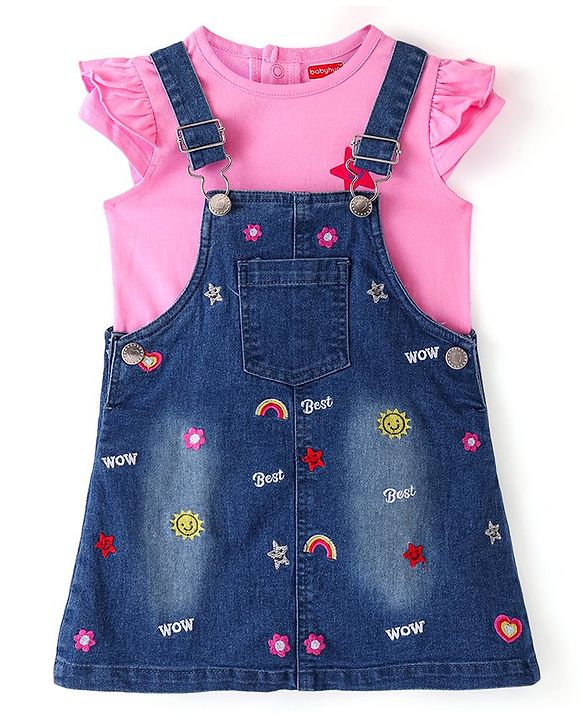 Babyhug Denim Frock With Frill Sleeves Inner Tee Floral & Star Embroidery - Blue