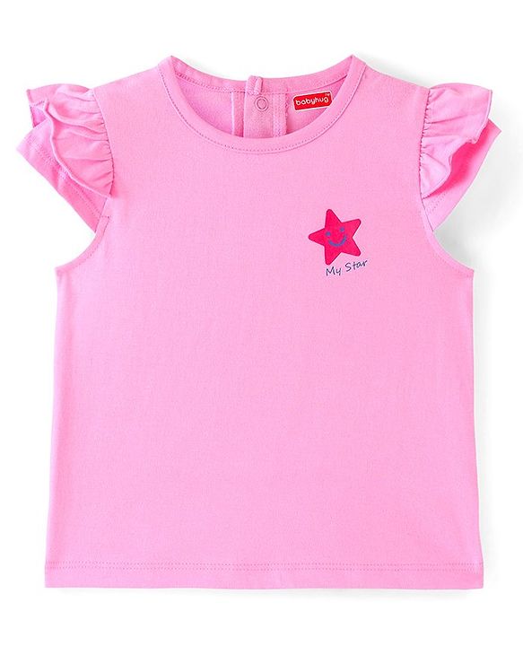 Babyhug Denim Frock With Frill Sleeves Inner Tee Floral & Star Embroidery - Blue