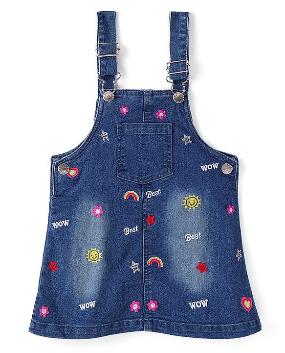 Babyhug Denim Frock With Frill Sleeves Inner Tee Floral & Star Embroidery - Blue