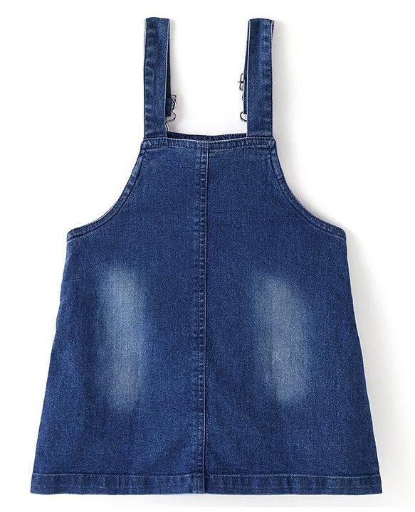 Babyhug Denim Frock With Frill Sleeves Inner Tee Floral & Star Embroidery - Blue
