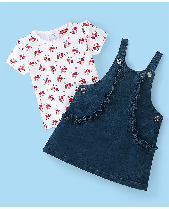 Babyhug Denim Frock with Knitted Half Sleeves Floral Printed Inner Tee - Blue