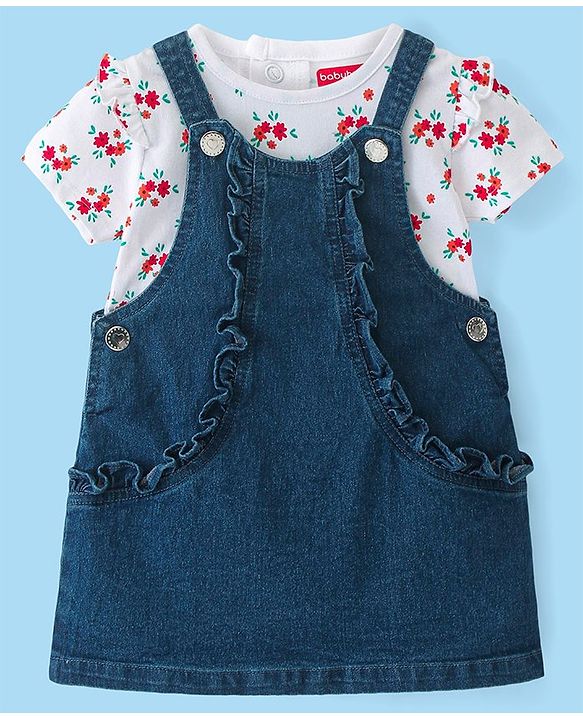 Babyhug Denim Frock with Knitted Half Sleeves Floral Printed Inner Tee - Blue