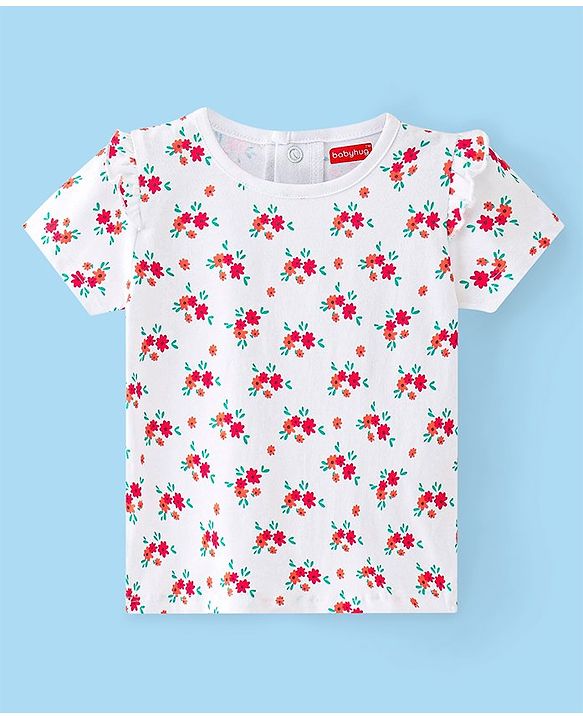 Babyhug Denim Frock with Knitted Half Sleeves Floral Printed Inner Tee - Blue