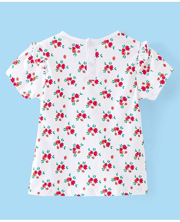 Babyhug Denim Frock with Knitted Half Sleeves Floral Printed Inner Tee - Blue