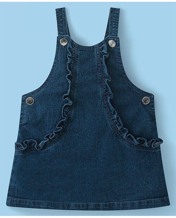 Babyhug Denim Frock with Knitted Half Sleeves Floral Printed Inner Tee - Blue