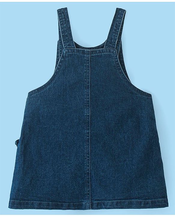 Babyhug Denim Frock with Knitted Half Sleeves Floral Printed Inner Tee - Blue