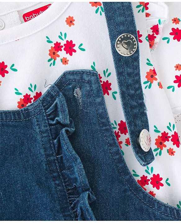 Babyhug Denim Frock with Knitted Half Sleeves Floral Printed Inner Tee - Blue