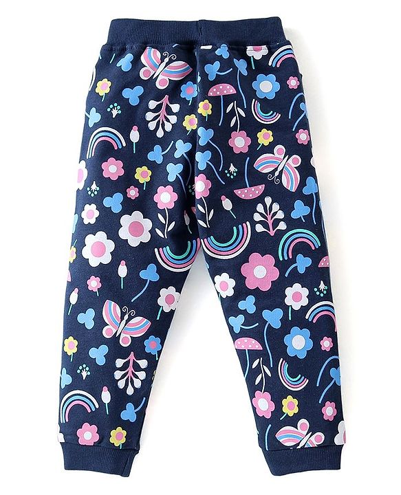 Babyhug Cotton Knit Full Length Track Pant Floral & Butterfly Print - Navy Blue
