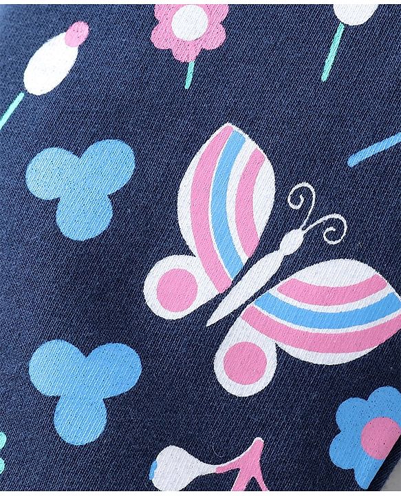 Babyhug Cotton Knit Full Length Track Pant Floral & Butterfly Print - Navy Blue