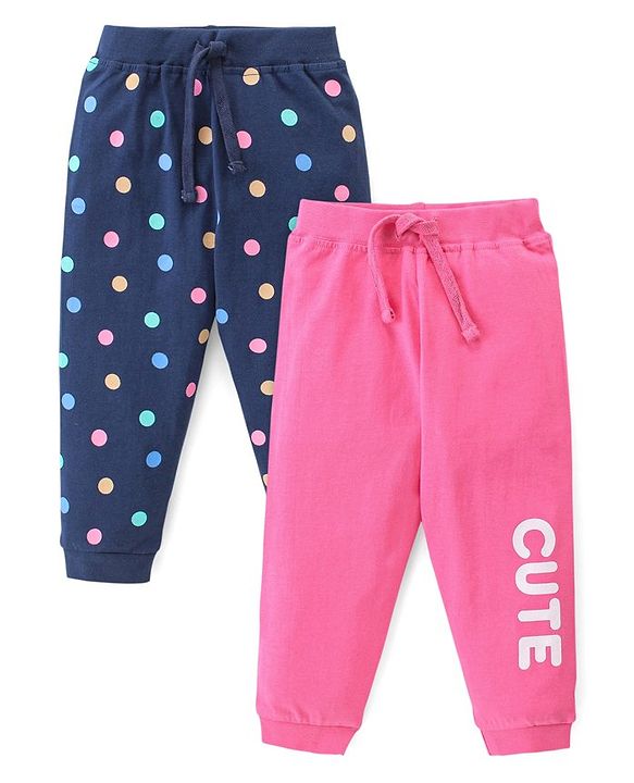Babyhug Cotton Looper Full Length Lounge Pants Polka Dot & Cute Print Pack of 2 - Navy & Pink
