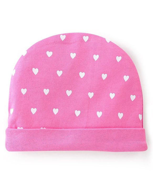 Babyhug 100% Cotton Cap Mittens And Booties Heart Printed - Pink