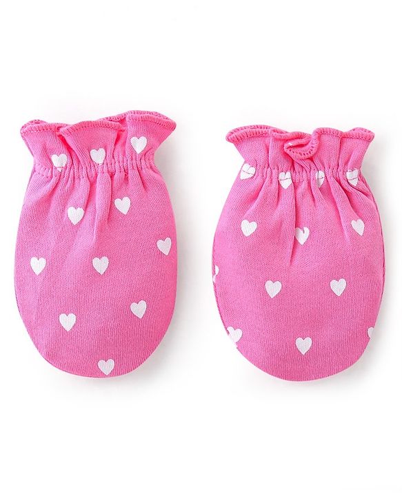 Babyhug 100% Cotton Cap Mittens And Booties Heart Printed - Pink