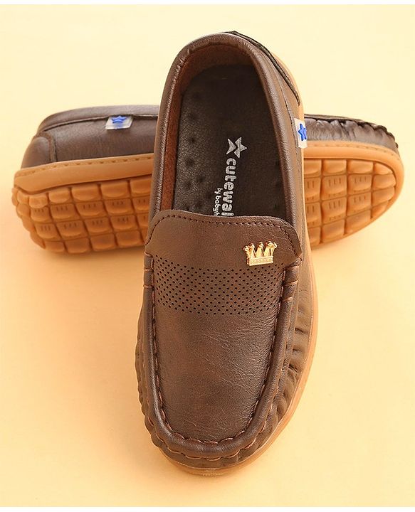 Cute Walk by Babyhug Slip On Solid Formal & Partywear Shoes with Crown Applique -Coffee Brown