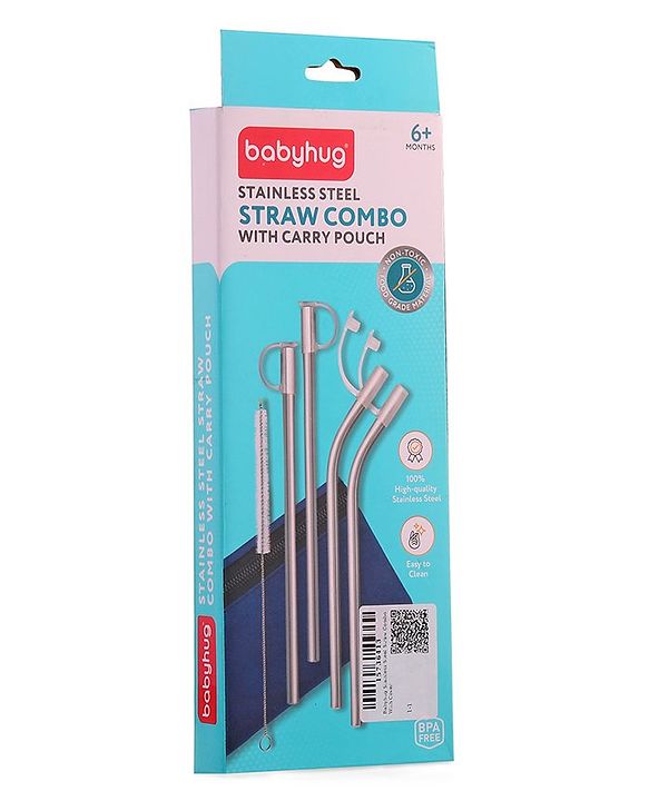 Babyhug Stainless Steel Straw Combo With Cover- Multicolor