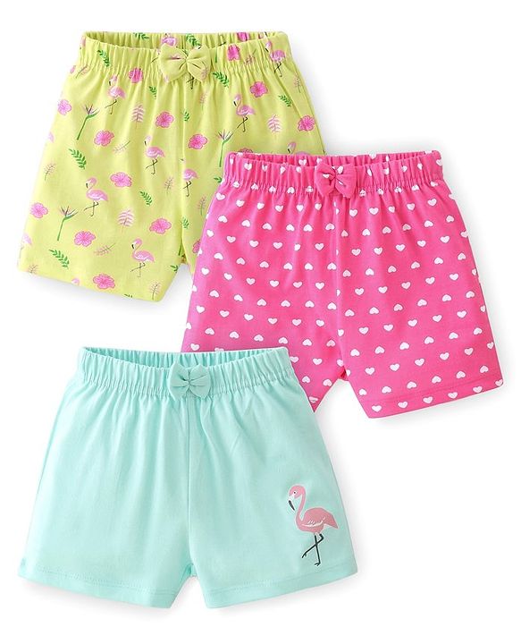 Babyhug Cotton Single Jersey Shorts With Flamingo & Heart Print Pack Of 3 - Pink Green & Blue