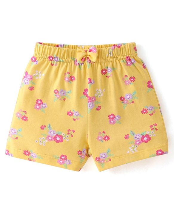 Babyhug Cotton Knit Single Jersey Shorts With Floral & Polka Dot Print Pack of 3 - Yellow Purple & Pink