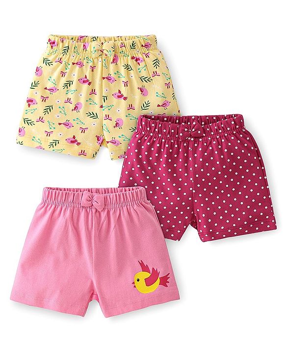 Babyhug Cotton Knit Shorts  Bird & Polka Dot Print with Bow Applique Pack of 3 - Multicolour