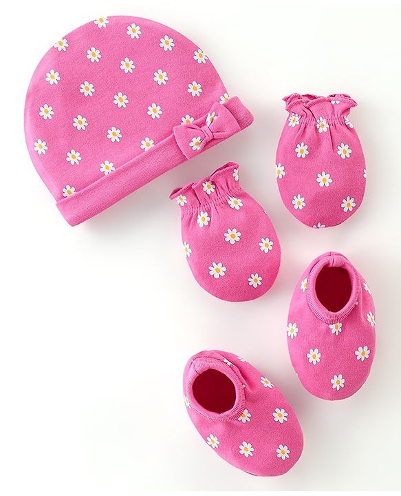 Babyhug 100% Cotton Knit Cap Mittens & Booties Set Floral Print - Pink