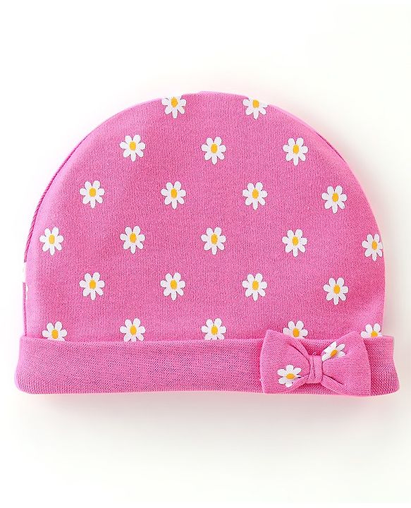 Babyhug 100% Cotton Knit Cap Mittens & Booties Set Floral Print - Pink