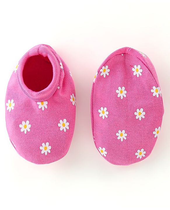 Babyhug 100% Cotton Knit Cap Mittens & Booties Set Floral Print - Pink