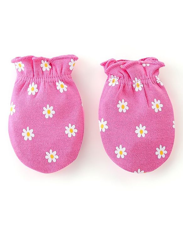 Babyhug 100% Cotton Knit Cap Mittens & Booties Set Floral Print - Pink
