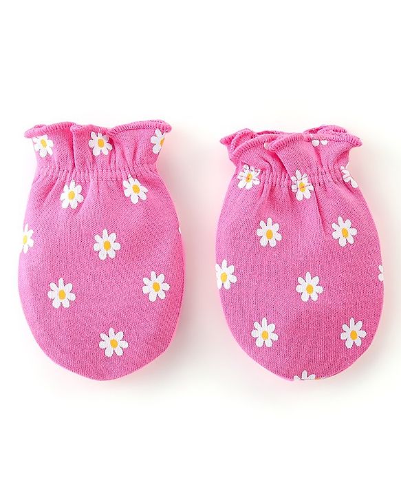 Babyhug 100% Cotton Knit Cap Mittens & Booties Set Floral Print - Pink
