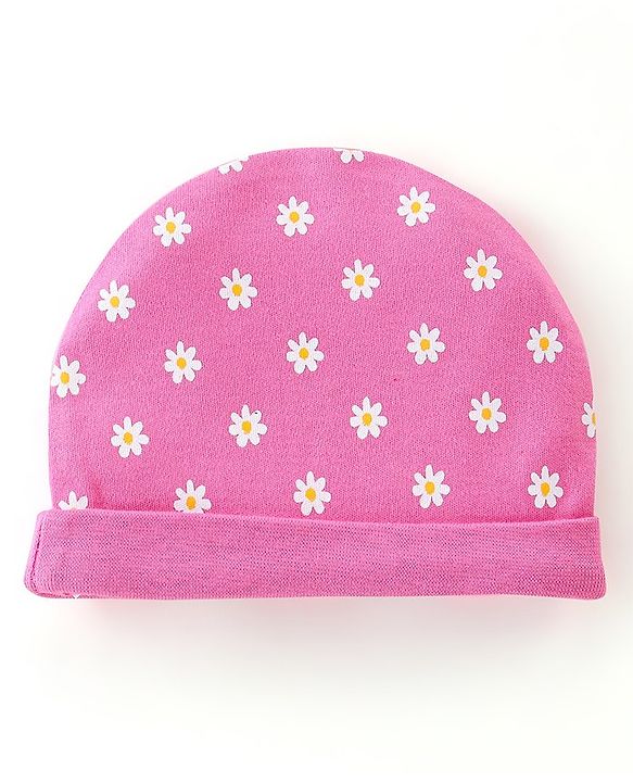 Babyhug 100% Cotton Knit Cap Mittens & Booties Set Floral Print - Pink