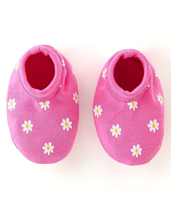 Babyhug 100% Cotton Knit Cap Mittens & Booties Set Floral Print - Pink