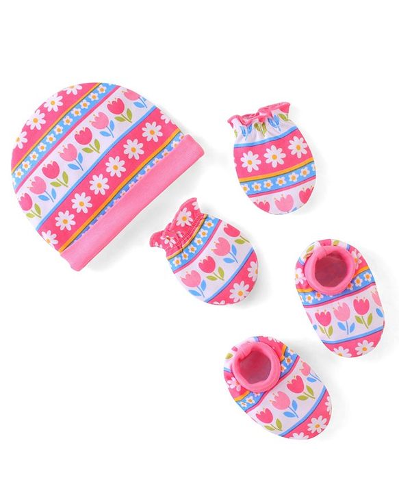 Babyhug 100% Cotton Knit Cap Mittens & Booties Set Floral Print - Pink