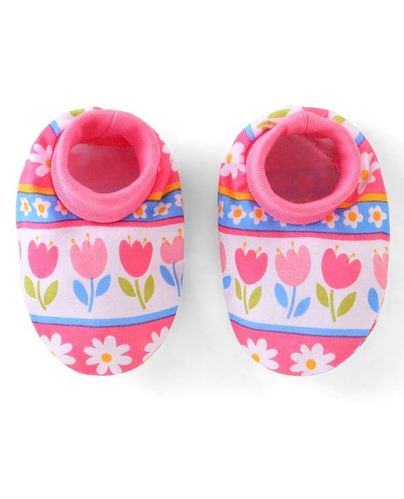 Babyhug 100% Cotton Knit Cap Mittens & Booties Set Floral Print - Pink