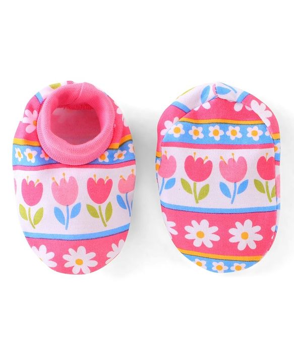 Babyhug 100% Cotton Knit Cap Mittens & Booties Set Floral Print - Pink