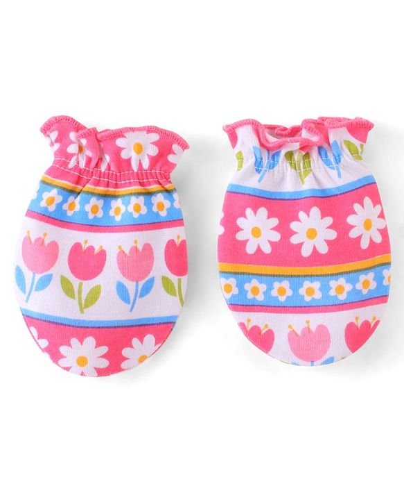 Babyhug 100% Cotton Knit Cap Mittens & Booties Set Floral Print - Pink