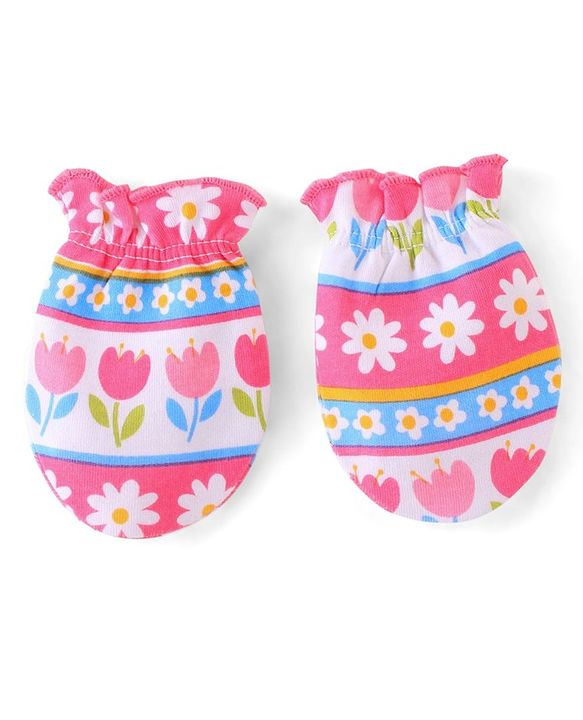 Babyhug 100% Cotton Knit Cap Mittens & Booties Set Floral Print - Pink