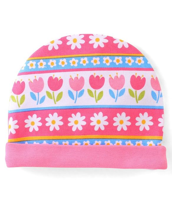 Babyhug 100% Cotton Knit Cap Mittens & Booties Set Floral Print - Pink