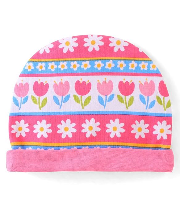 Babyhug 100% Cotton Knit Cap Mittens & Booties Set Floral Print - Pink