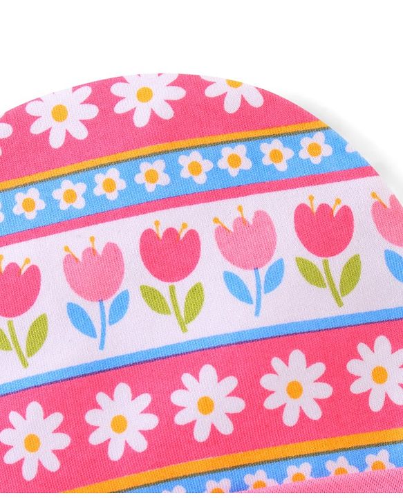 Babyhug 100% Cotton Knit Cap Mittens & Booties Set Floral Print - Pink