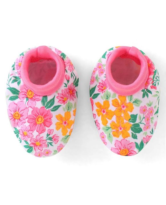 Babyhug 100% Cotton Knti Cap Mittens & Booties Set Floral Print with Bow Applique -Pink